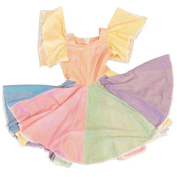 Vintage 70s Colorful Square Dance Full Circle Rockabilly Angel Sleeve Dress M - Picture 1 of 8